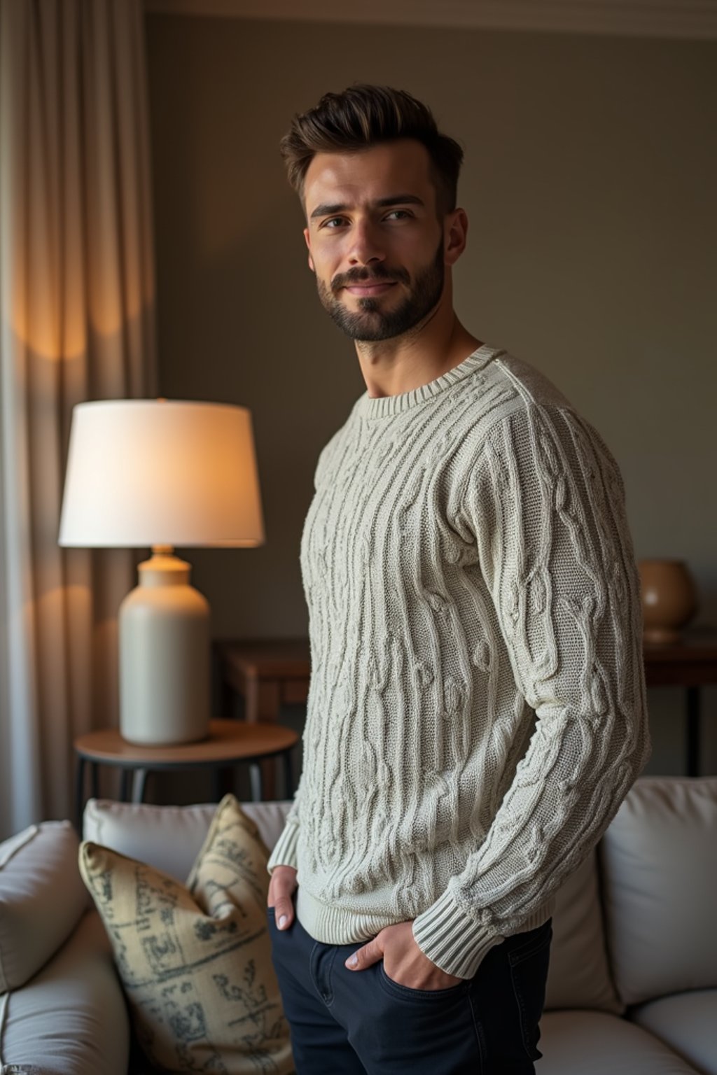 a man wearing knitted sweater) in luxury villa living room, instagram photo, instagram,  fit body