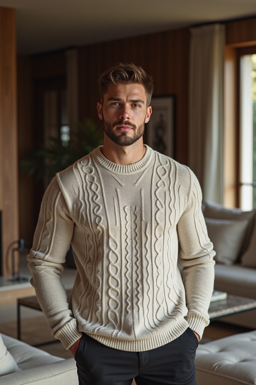 a man wearing knitted sweater) in luxury villa living room, instagram photo, instagram,  fit body