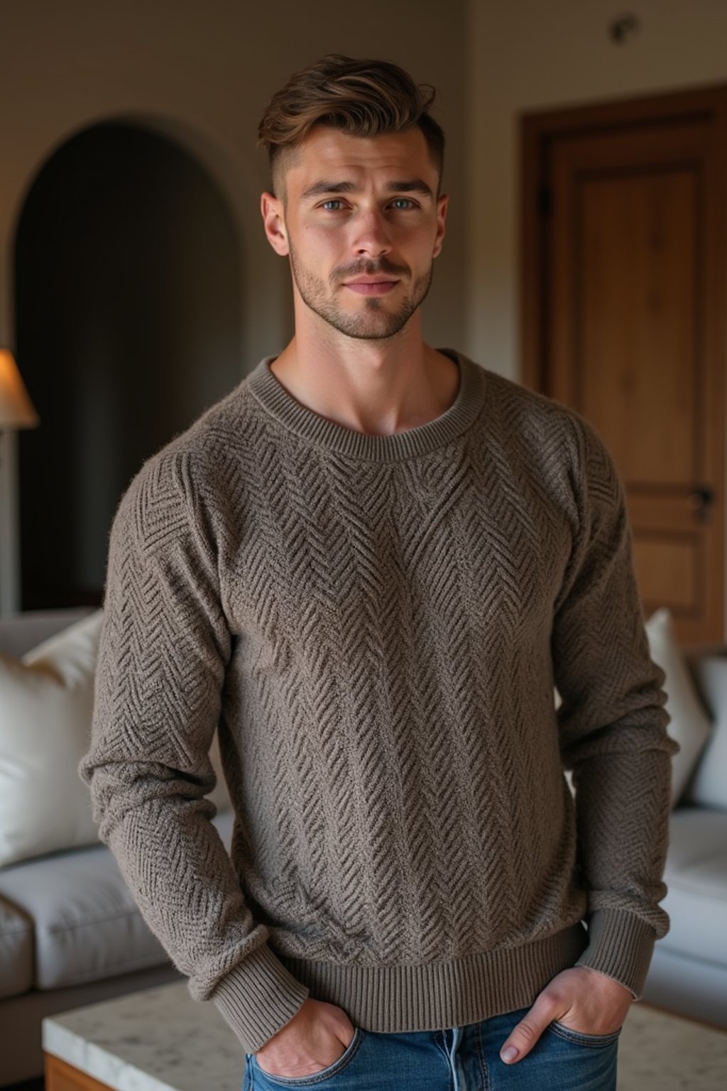 a man wearing knitted sweater) in luxury villa living room, instagram photo, instagram,  fit body