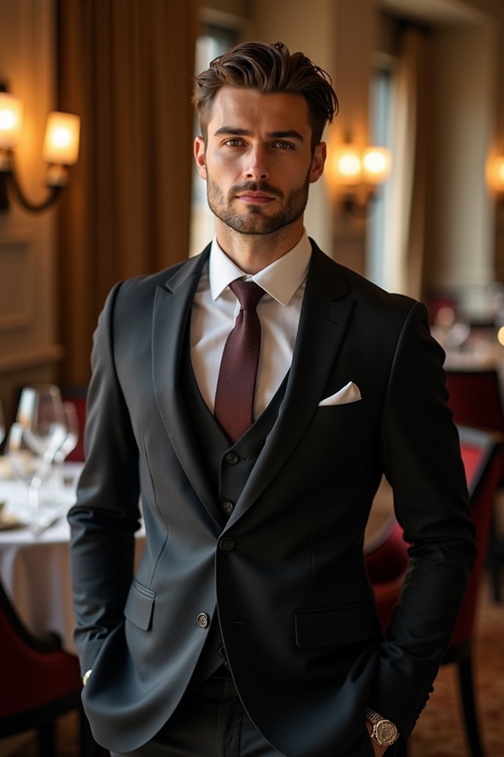 a man wearing  luxurious suit in luxury restaurant, instagram photo, instagram,  fit body