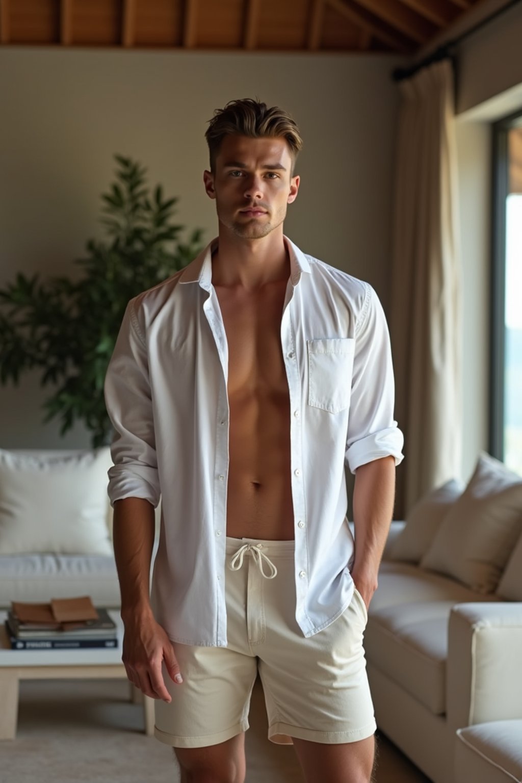 a man wearing  shirt and shorts in luxury villa living room, instagram photo, instagram,  fit body