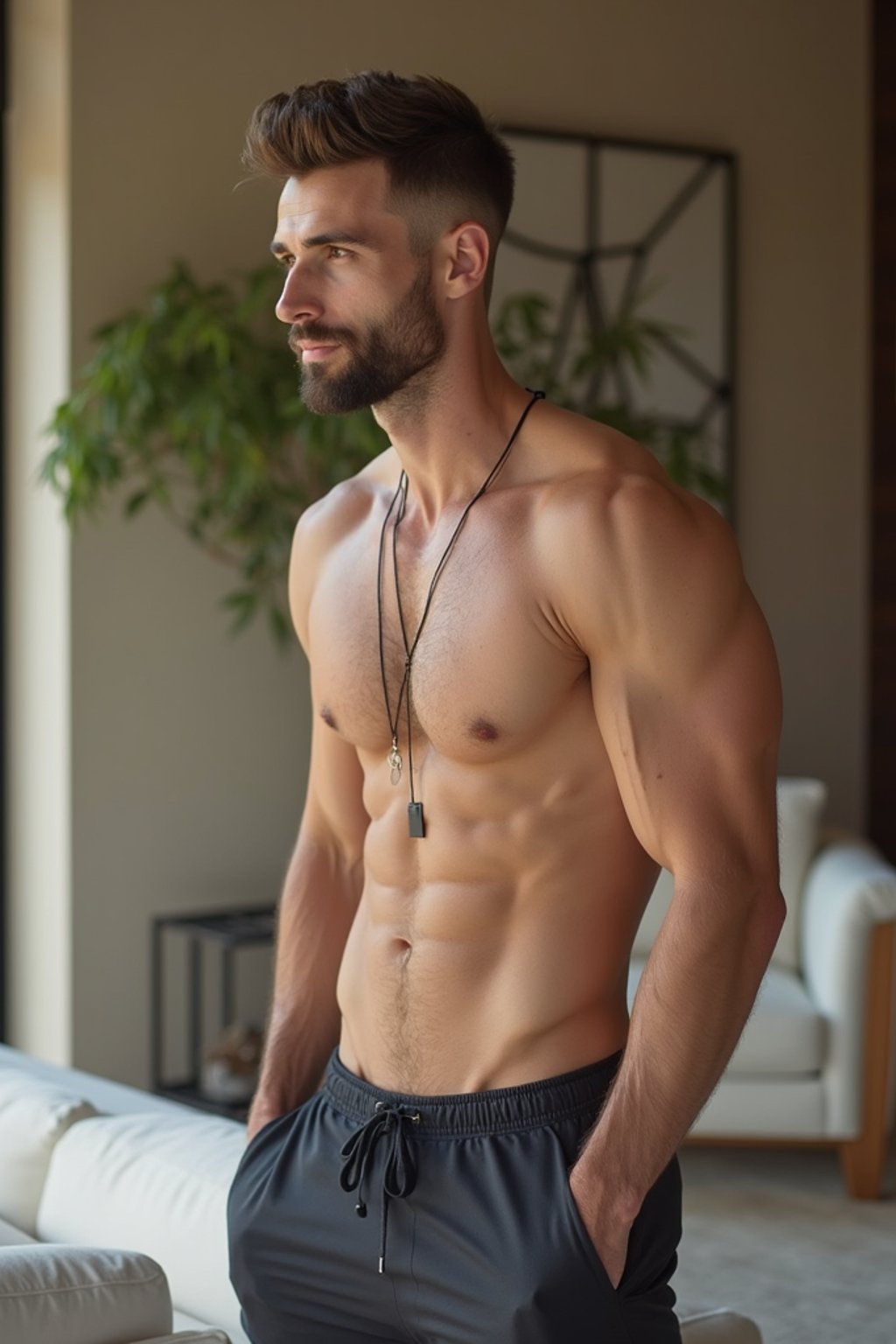 a man wearing  shirt and shorts in luxury villa living room, instagram photo, instagram,  fit body