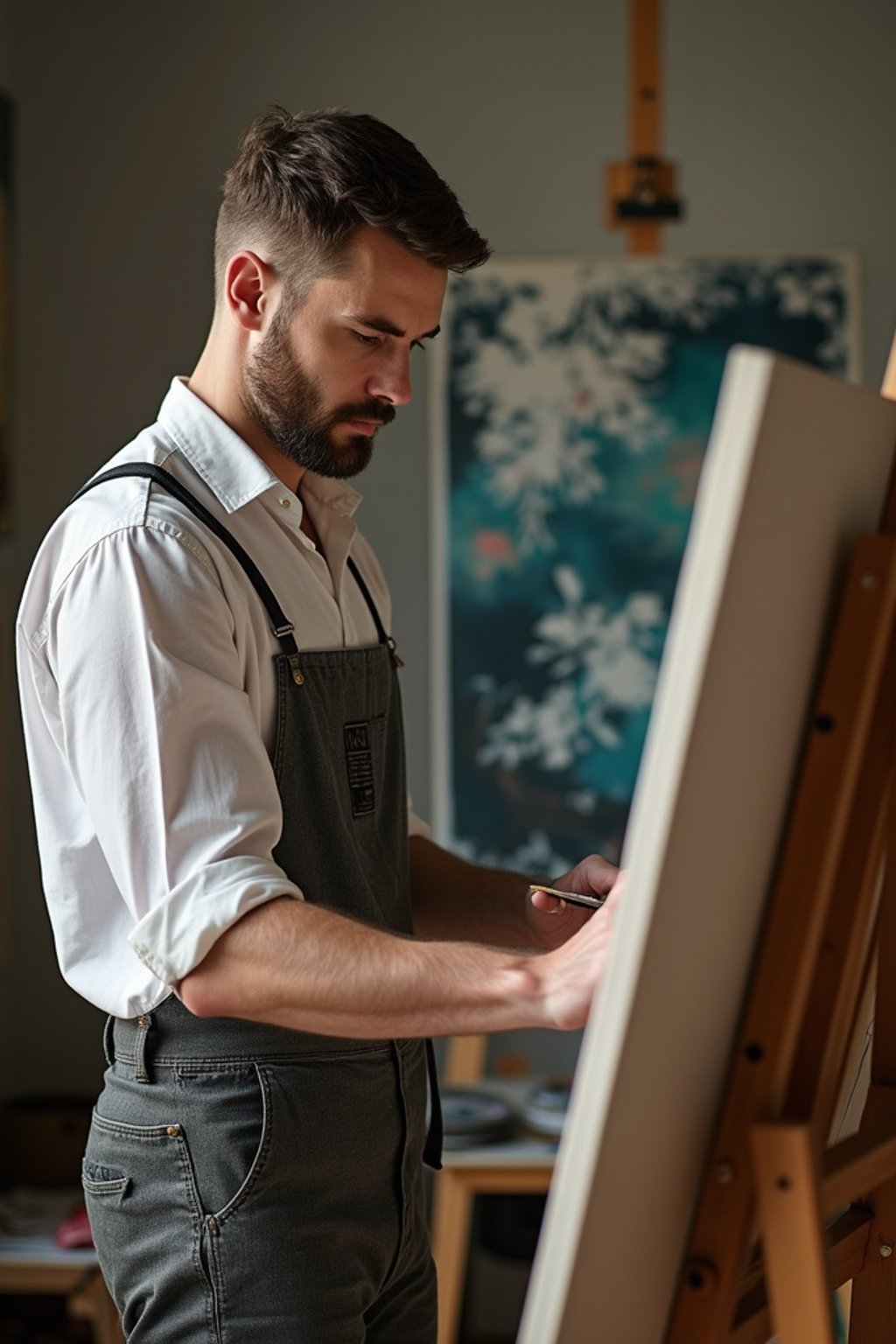 a man as artistic painter in  art studio with wooden easel and paint