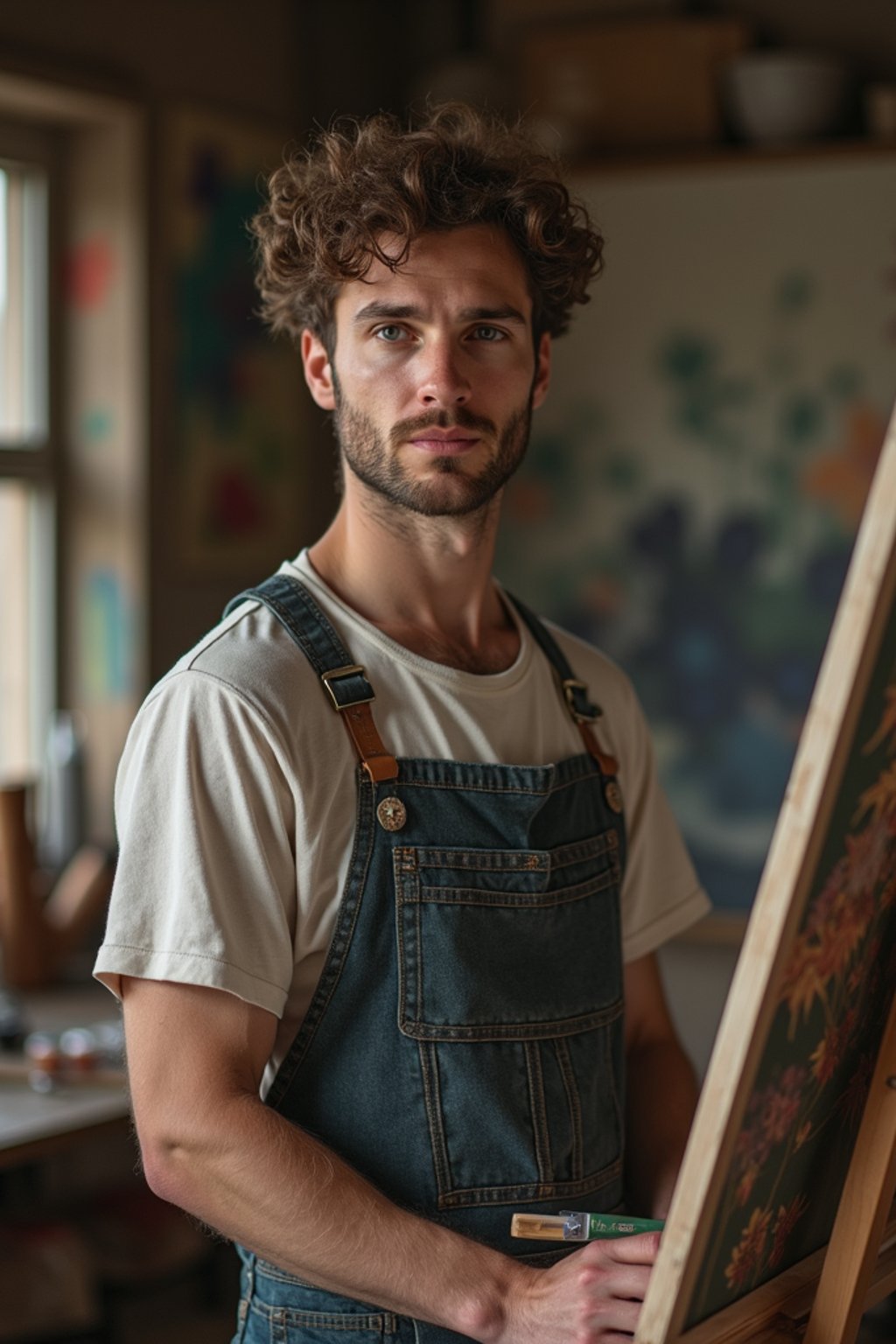 a man as artistic painter in  art studio with wooden easel and paint