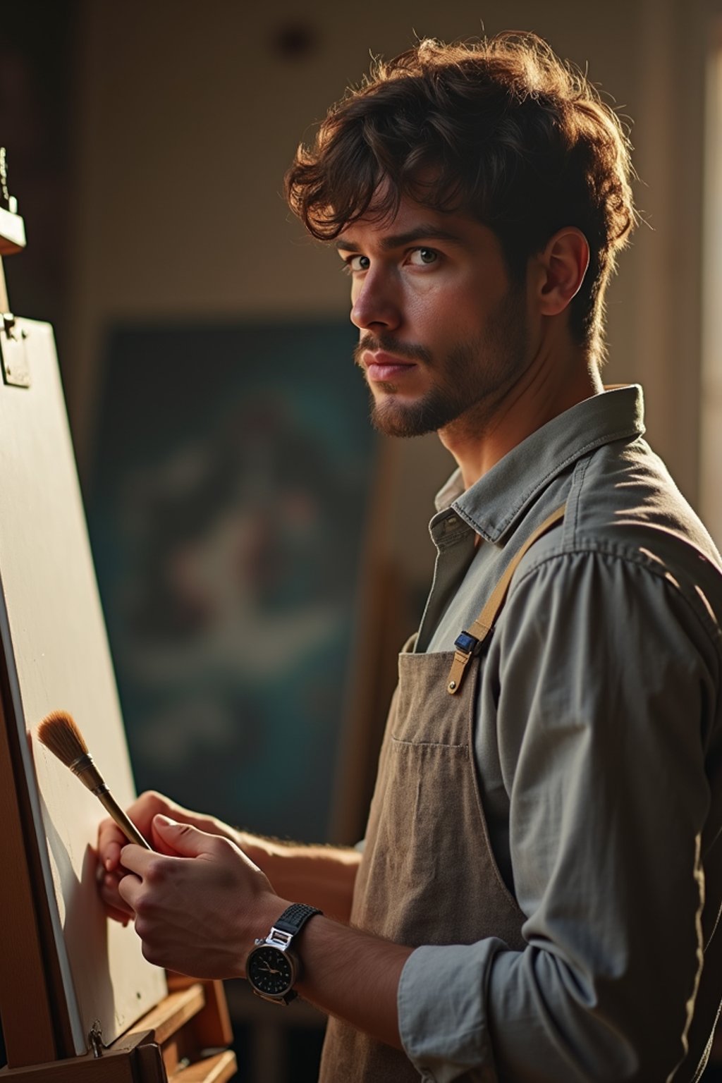 a man as artistic painter in  art studio with wooden easel and paint