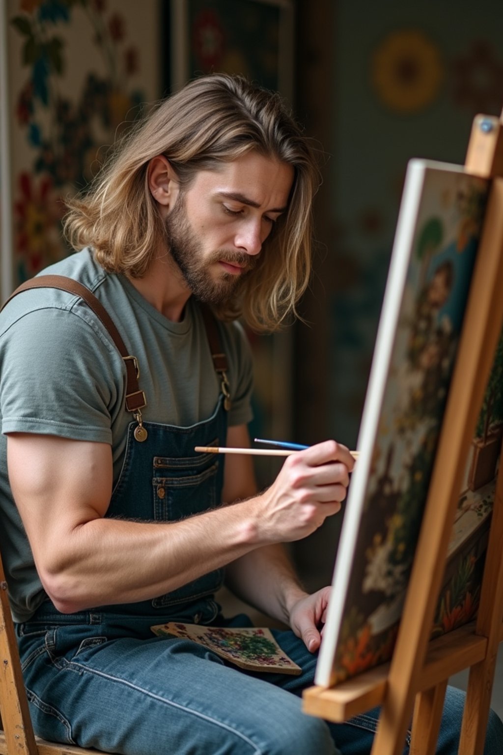 a man as artistic painter in  art studio with wooden easel and paint