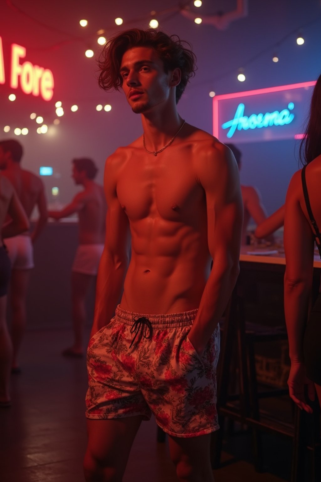 a man wearing  silk floral swim shorts in night club, instagram photo, instagram,  fit body