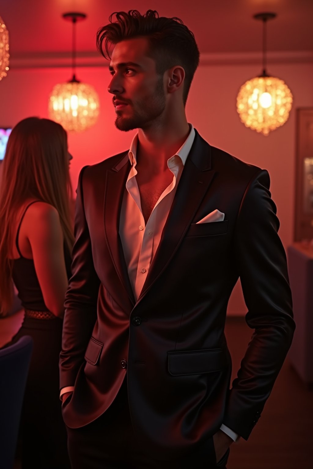 a man wearing  silk suit in night club, instagram photo, instagram,  fit body'