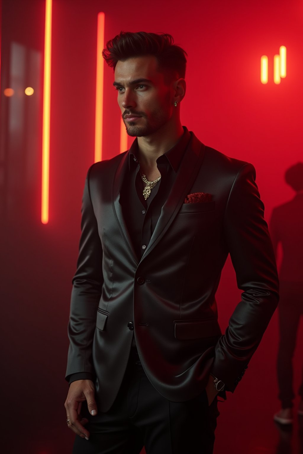 a man wearing  silk suit in night club, instagram photo, instagram,  fit body'