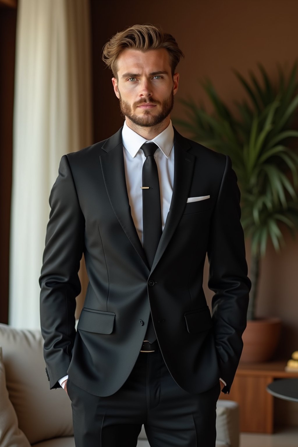 a man wearing  black suit in luxury villa living room, instagram photo, instagram,  fit body