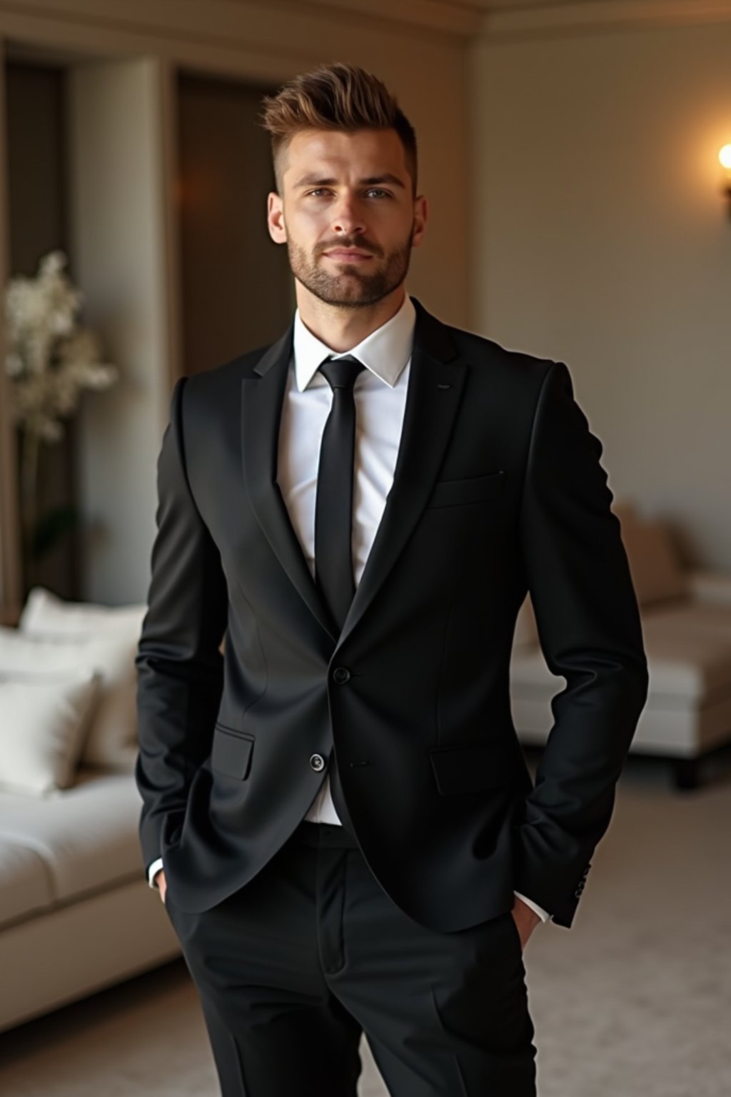 a man wearing  black suit in luxury villa living room, instagram photo, instagram,  fit body