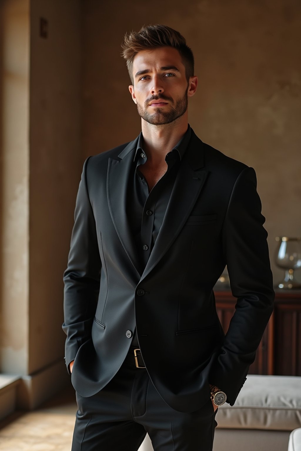 a man wearing  black suit in luxury villa living room, instagram photo, instagram,  fit body