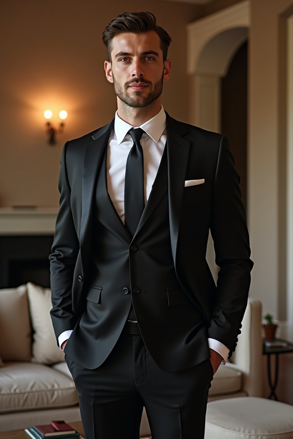 a man wearing  black suit in luxury villa living room, instagram photo, instagram,  fit body