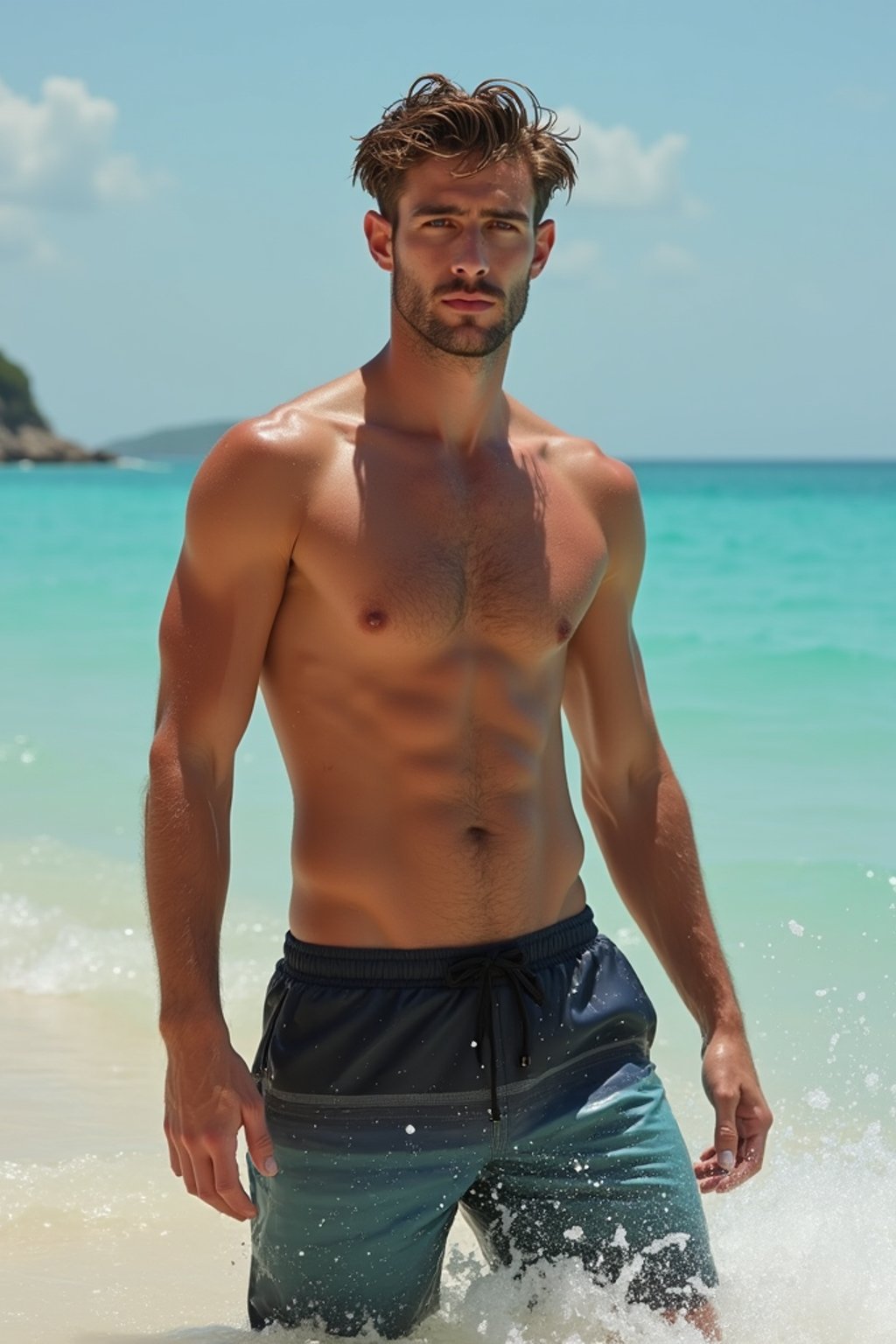 man in  swim shorts} in sea water on the beach, wet hair