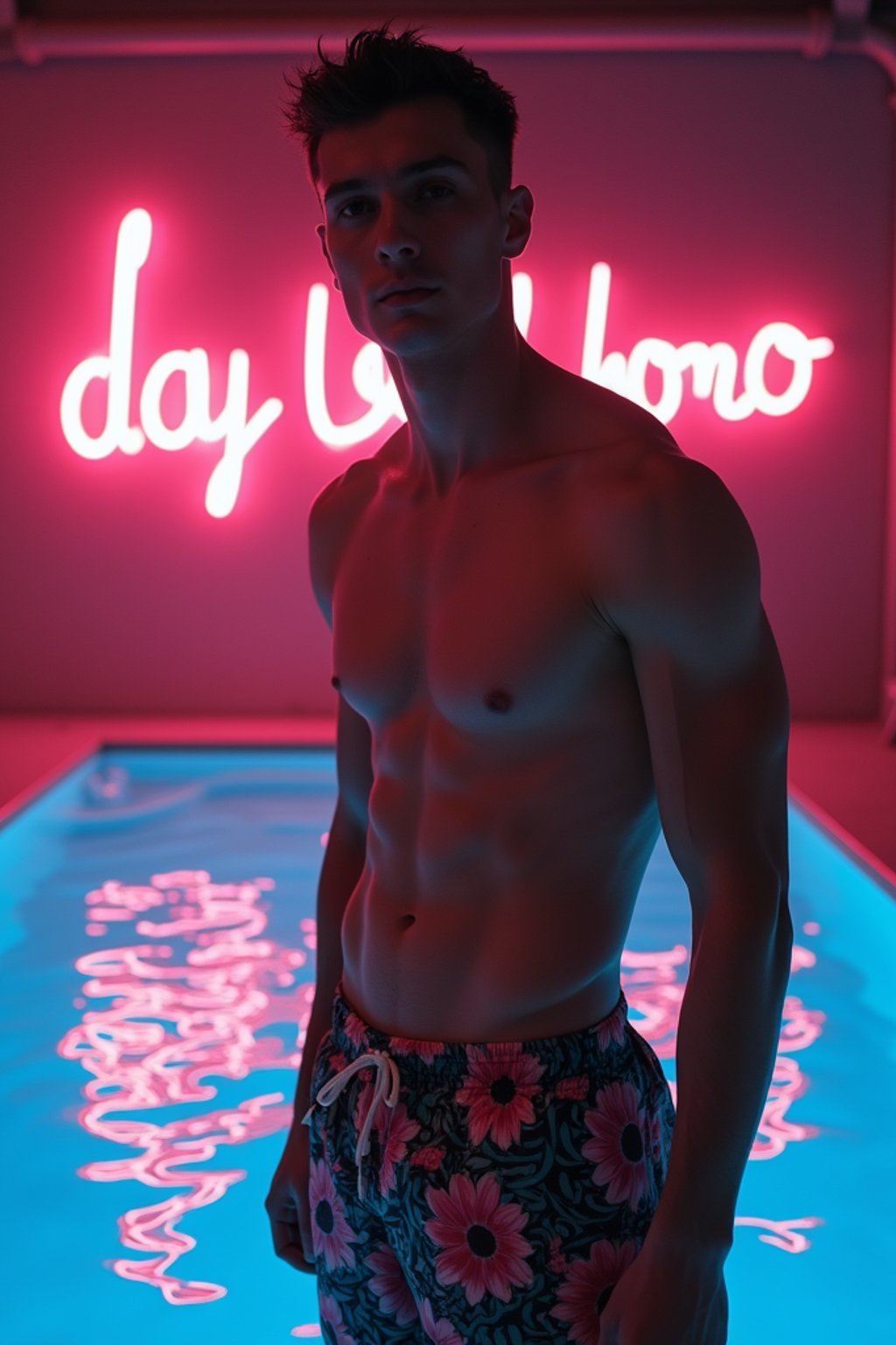 man , fit body in floral silk  swim shorts and shirtless at pool party with neon lights