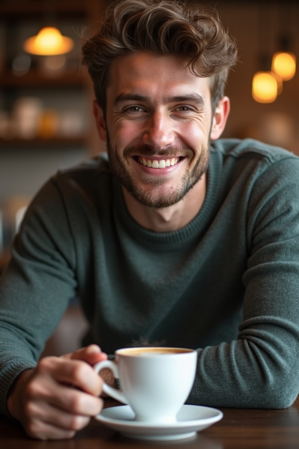 man in a trendy café, holding a freshly brewed cup of coffee