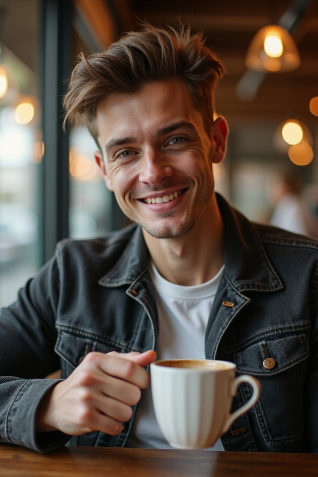 man in a trendy café, holding a freshly brewed cup of coffee