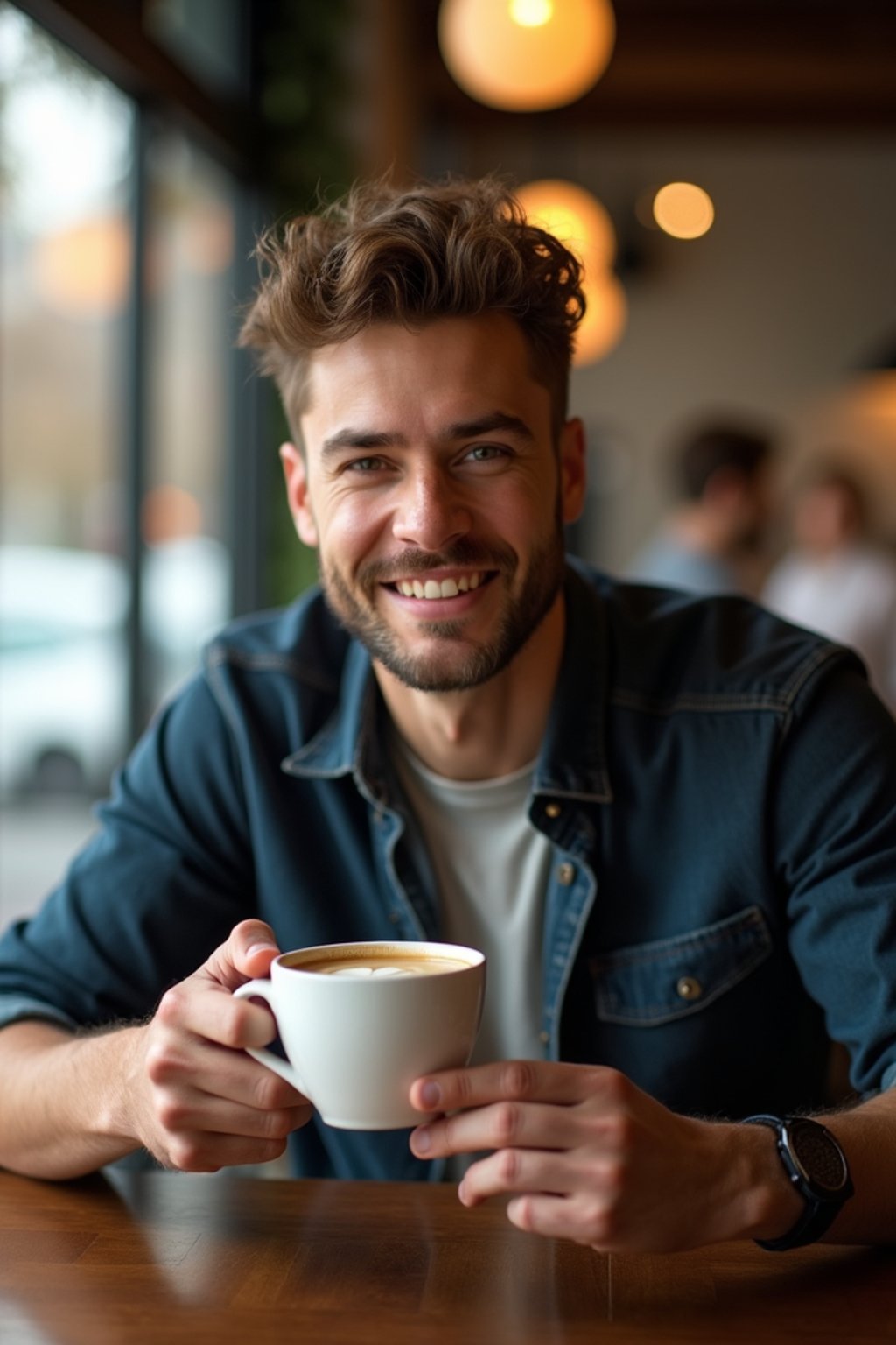 man in a trendy café, holding a freshly brewed cup of coffee