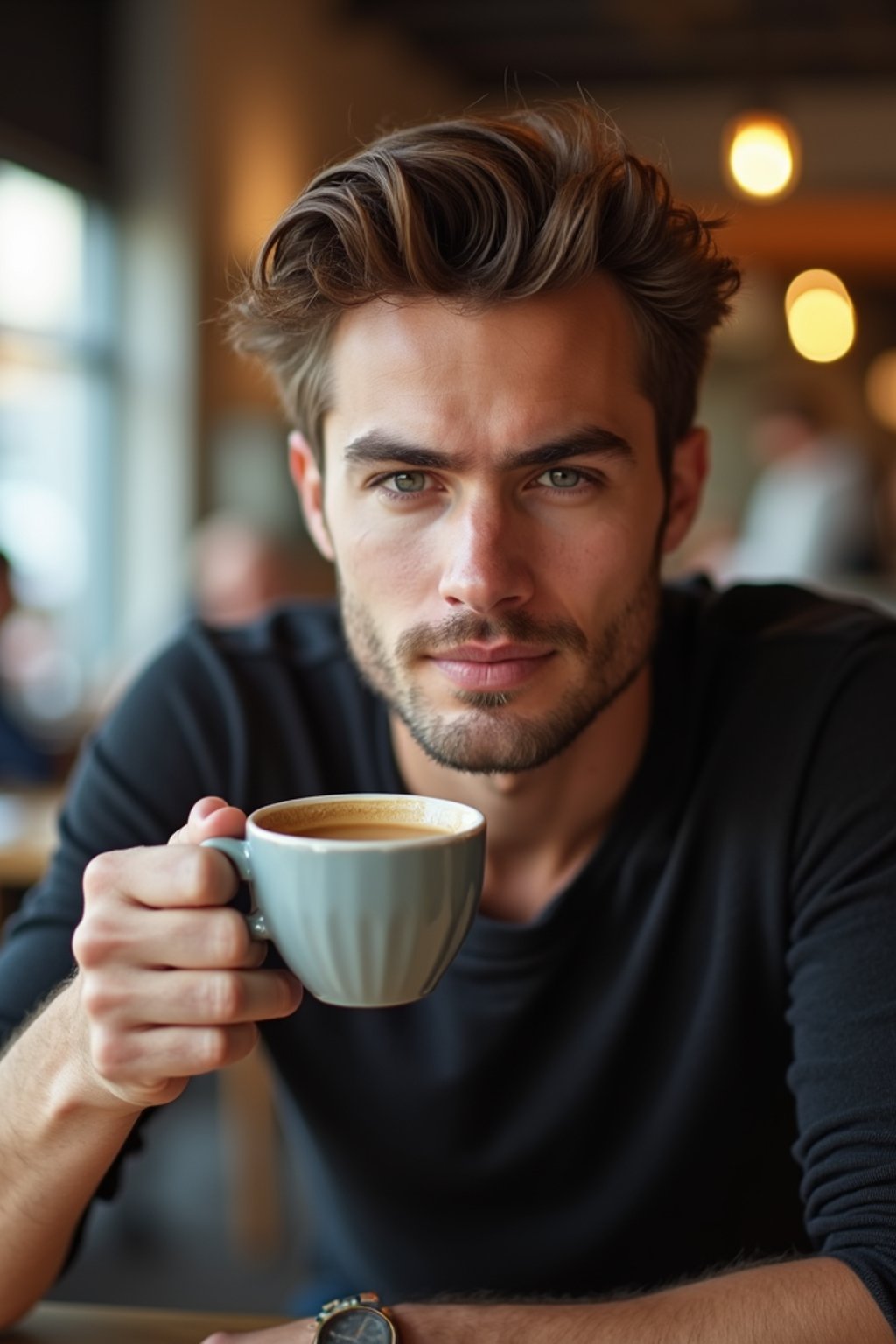 man in a trendy café, holding a freshly brewed cup of coffee