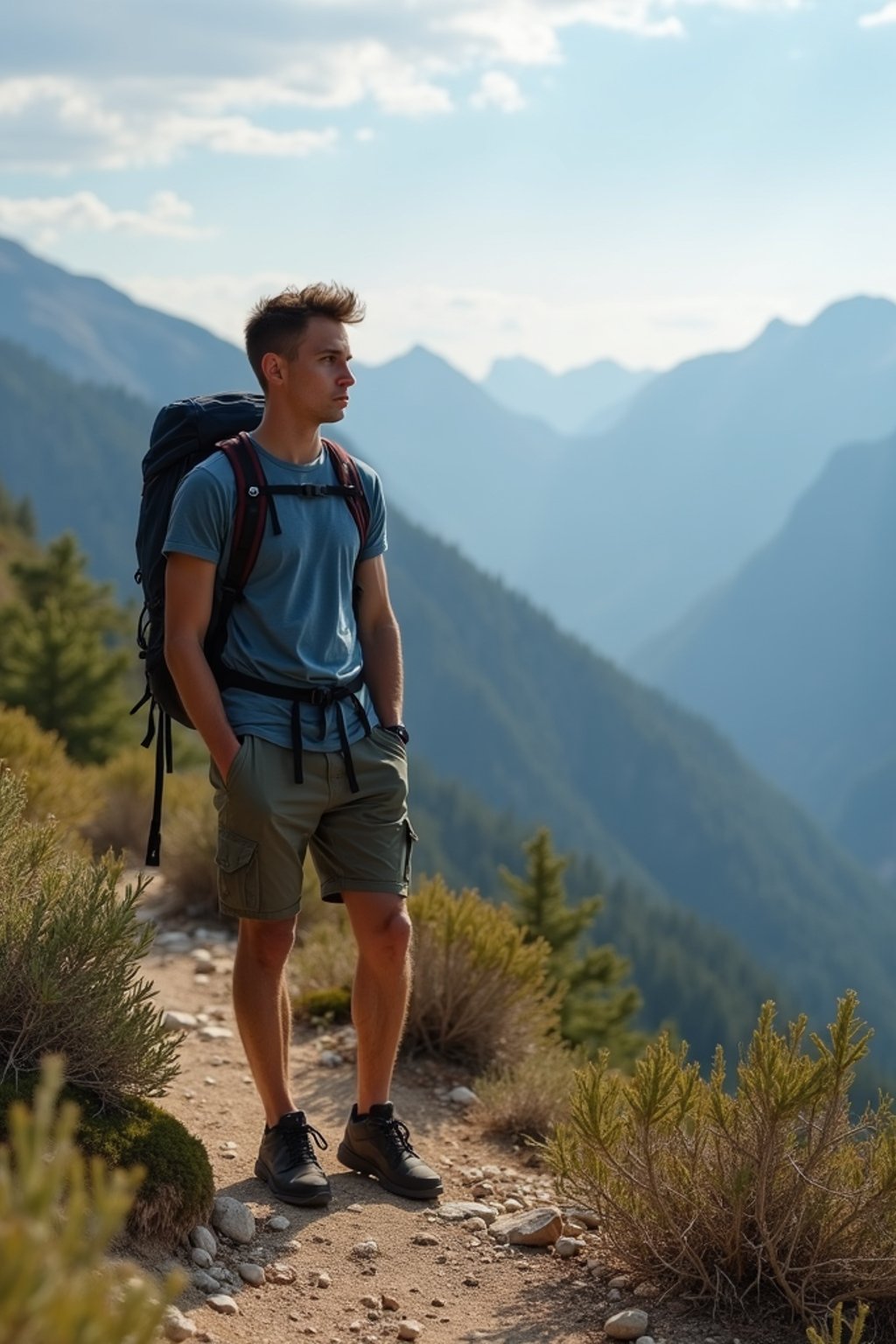 man on a hiking trail, overlooking a breathtaking mountain landscape