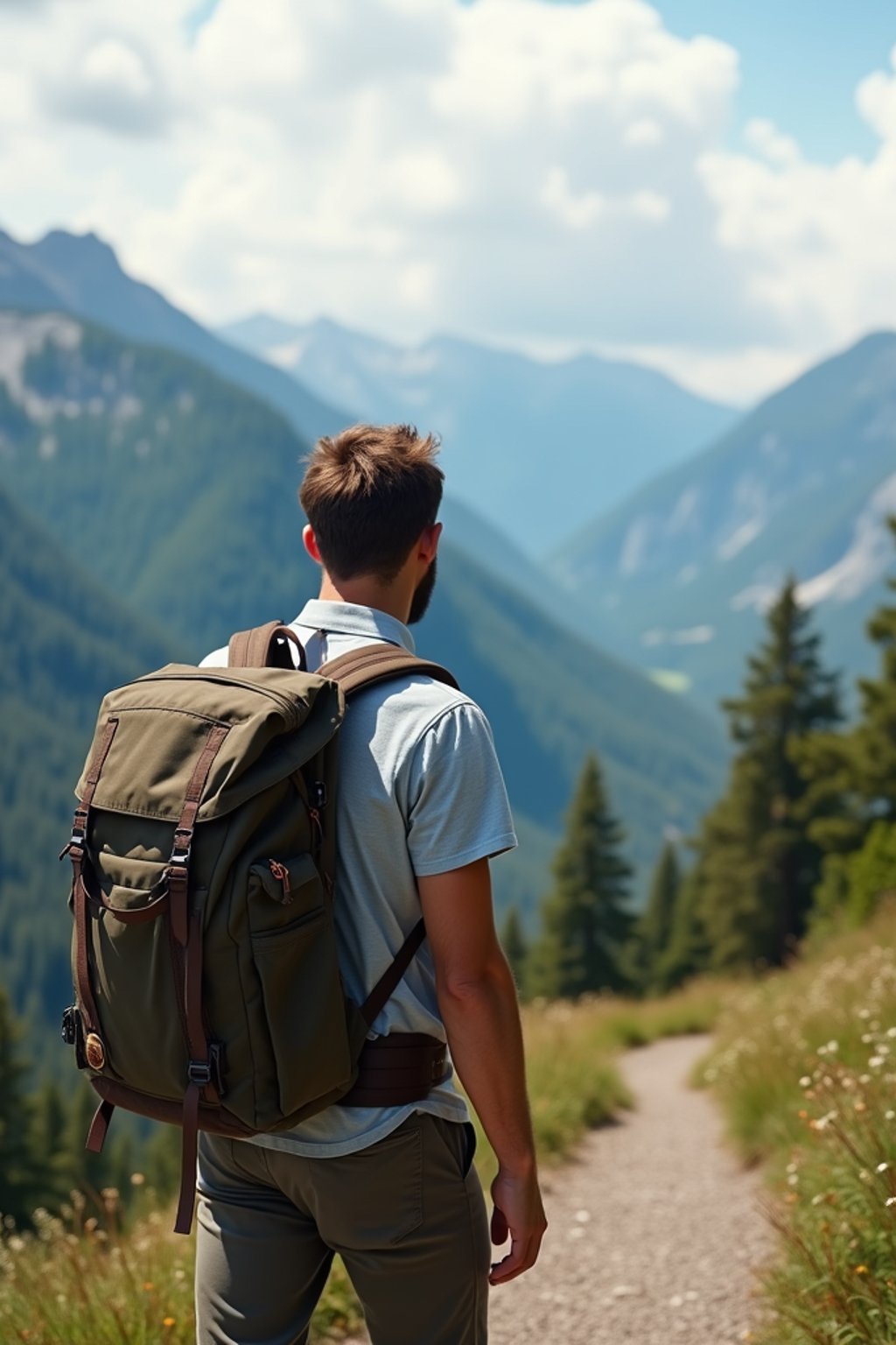 man on a hiking trail, overlooking a breathtaking mountain landscape