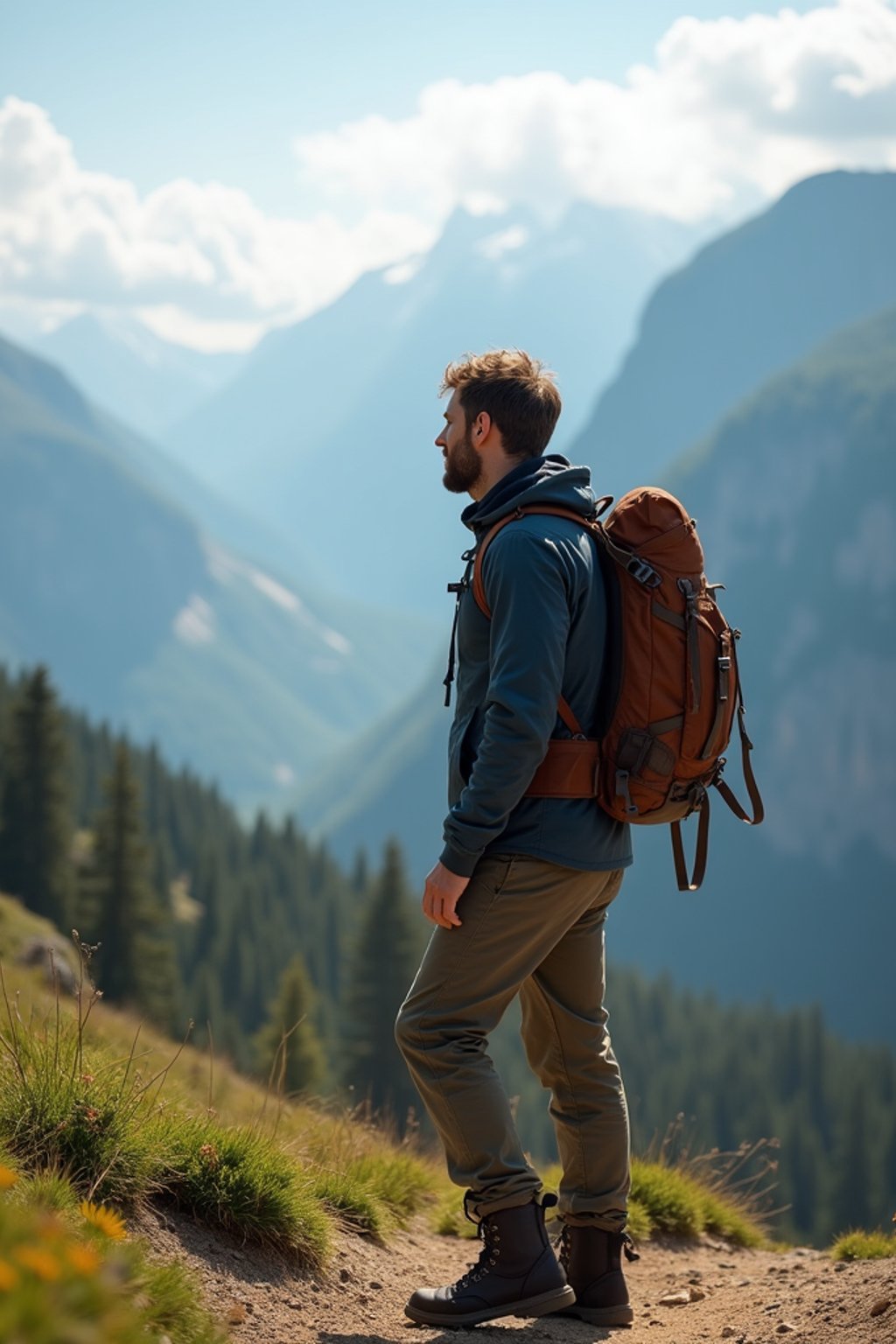 man on a hiking trail, overlooking a breathtaking mountain landscape