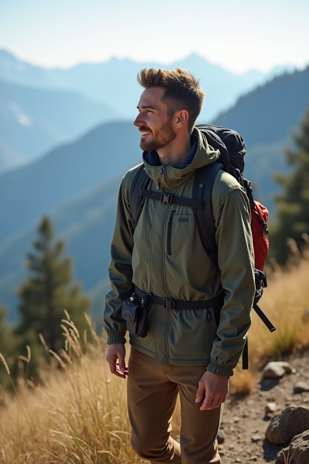 man on a hiking trail, overlooking a breathtaking mountain landscape