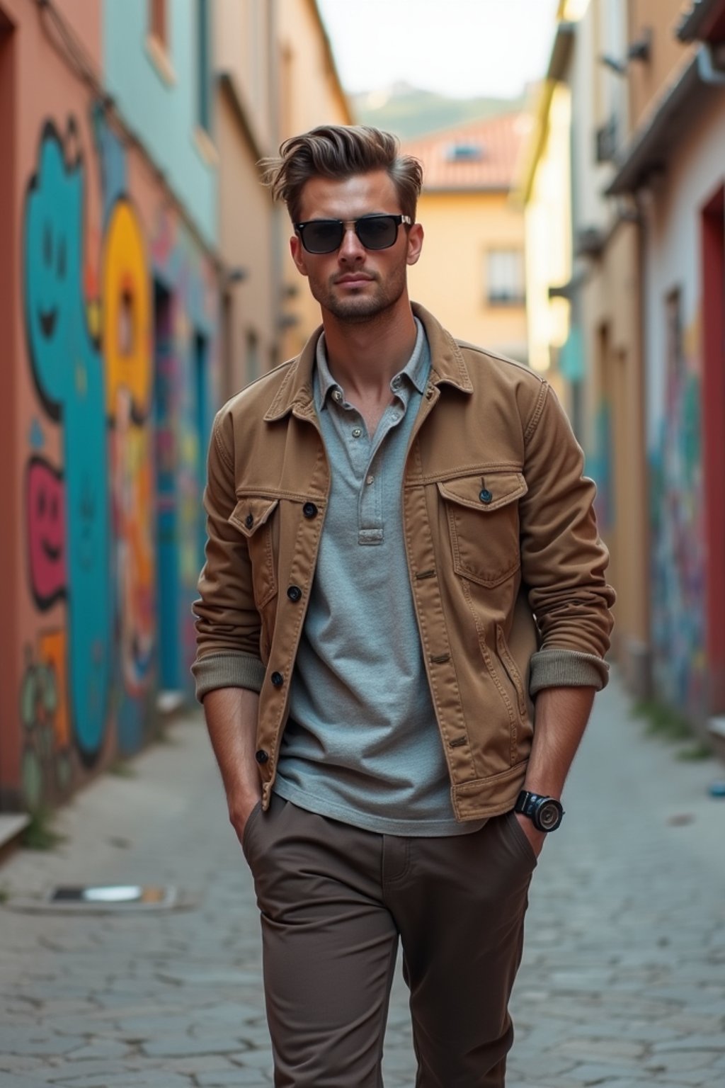 man wearing a trendy outfit, walking down a street lined with colorful murals