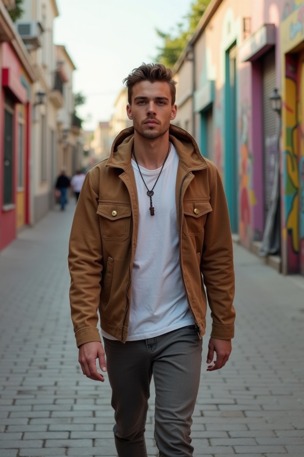 man wearing a trendy outfit, walking down a street lined with colorful murals