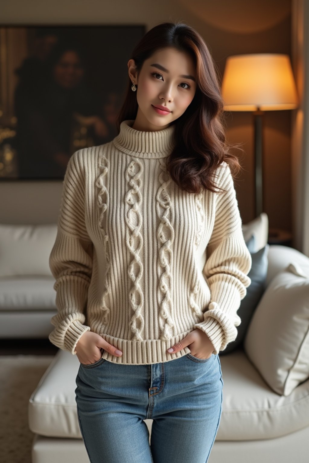 a woman wearing knitted sweater) in luxury villa living room, instagram photo, instagram, hourglass figure