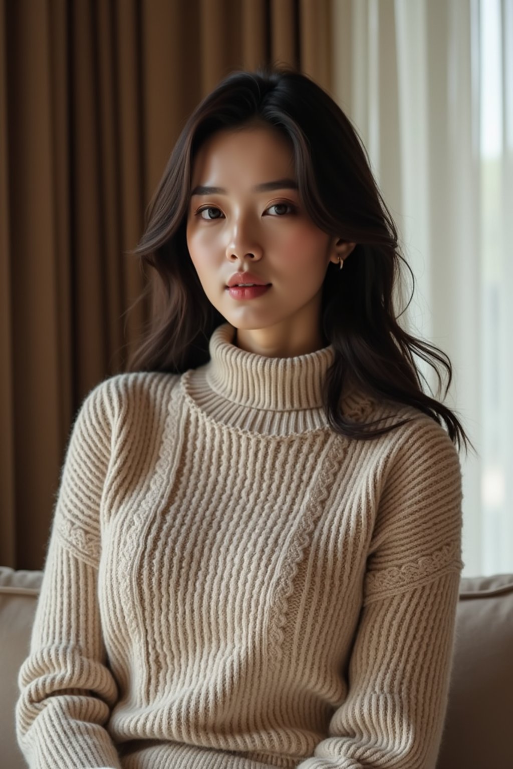 a woman wearing knitted sweater) in luxury villa living room, instagram photo, instagram, hourglass figure