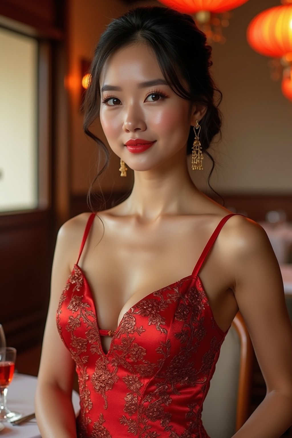 a woman wearing luxurious dress  in luxury restaurant, instagram photo, instagram, hourglass figure