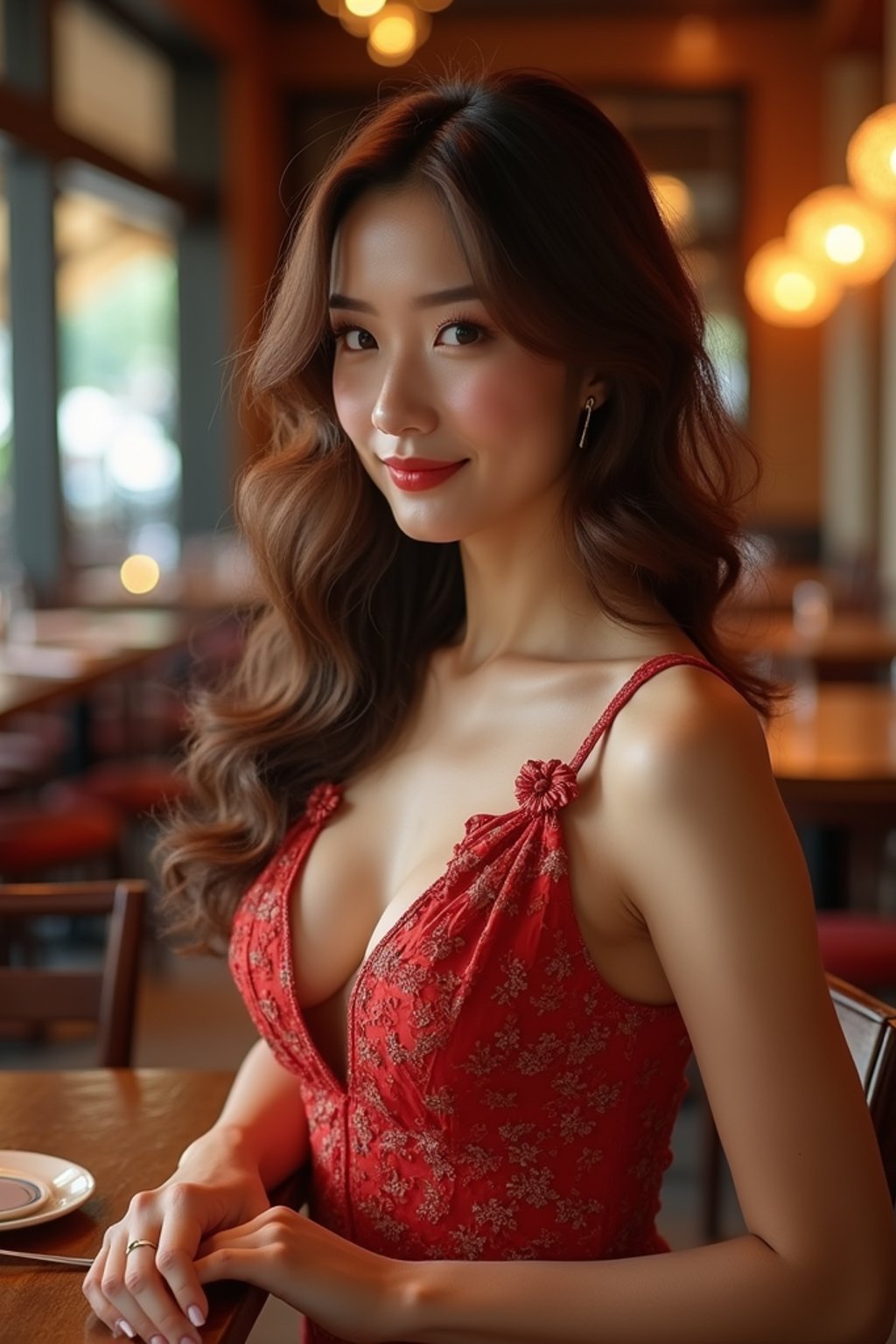 a woman wearing luxurious dress  in luxury restaurant, instagram photo, instagram, hourglass figure