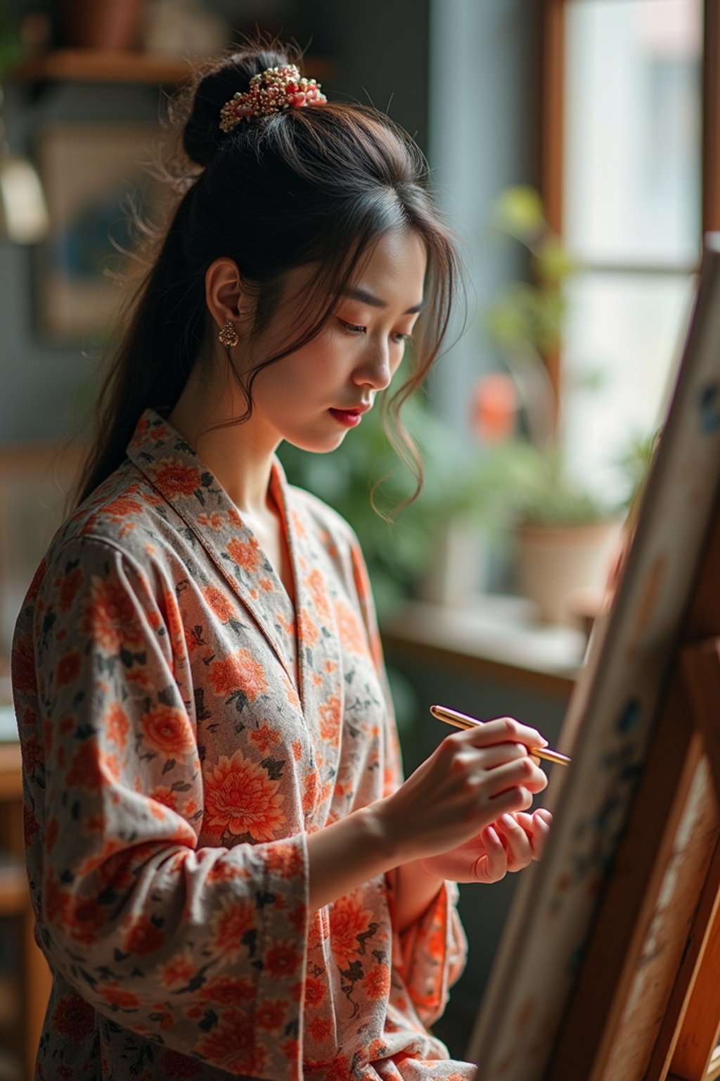 a woman as artistic painter in  art studio with wooden easel and paint