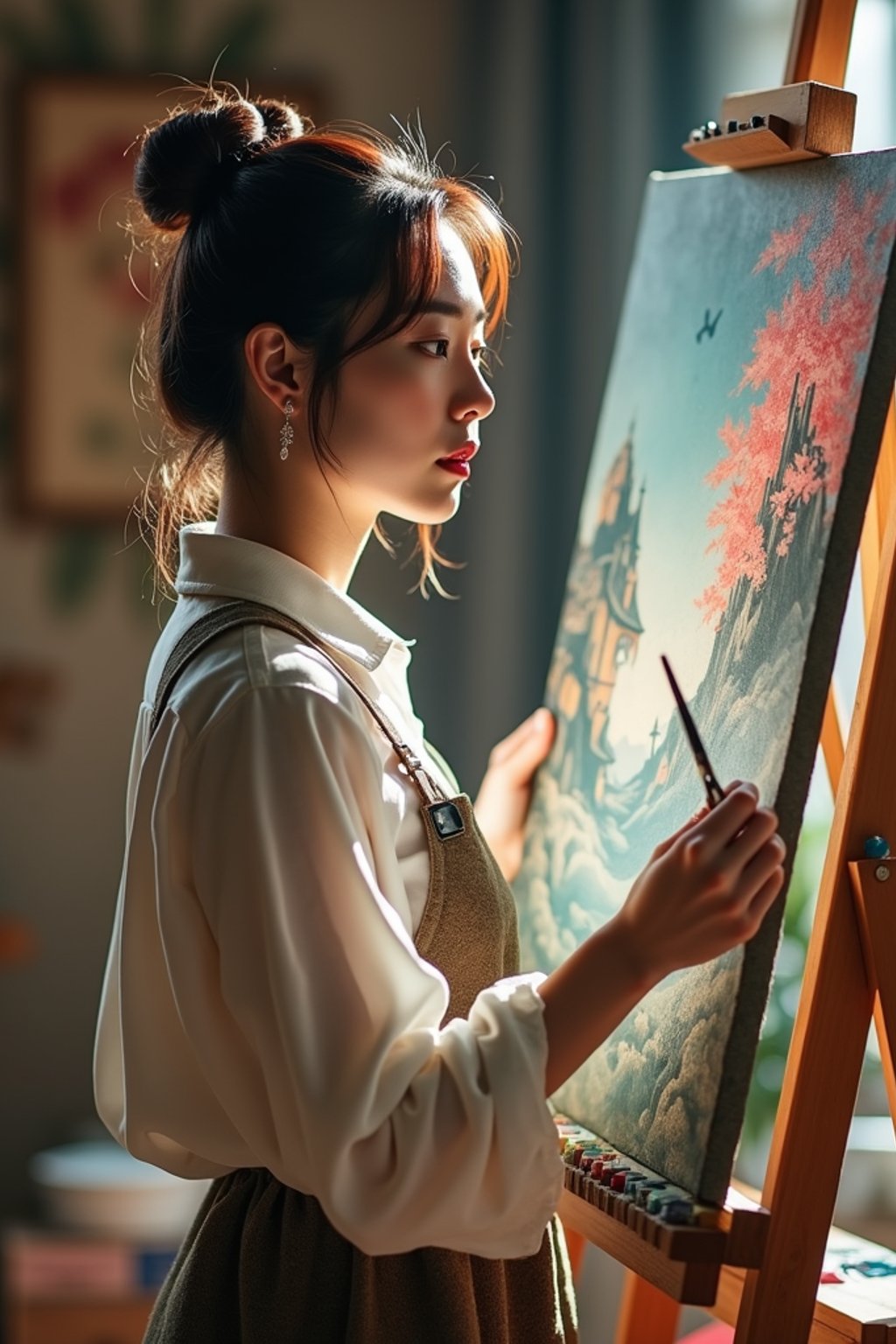 a woman as artistic painter in  art studio with wooden easel and paint