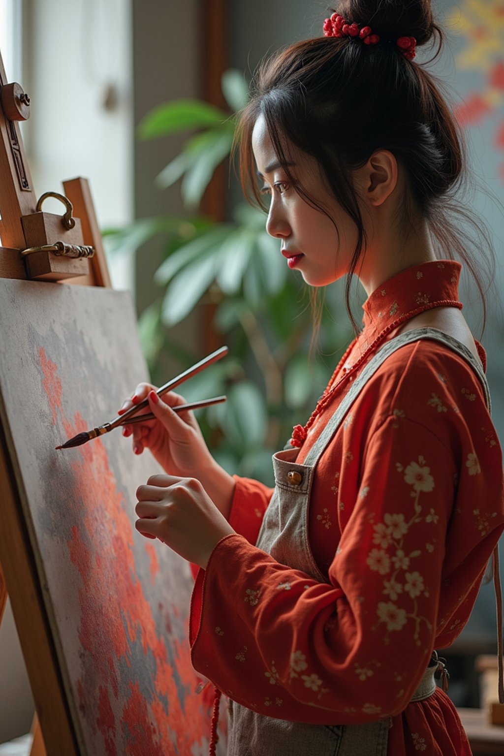 a woman as artistic painter in  art studio with wooden easel and paint