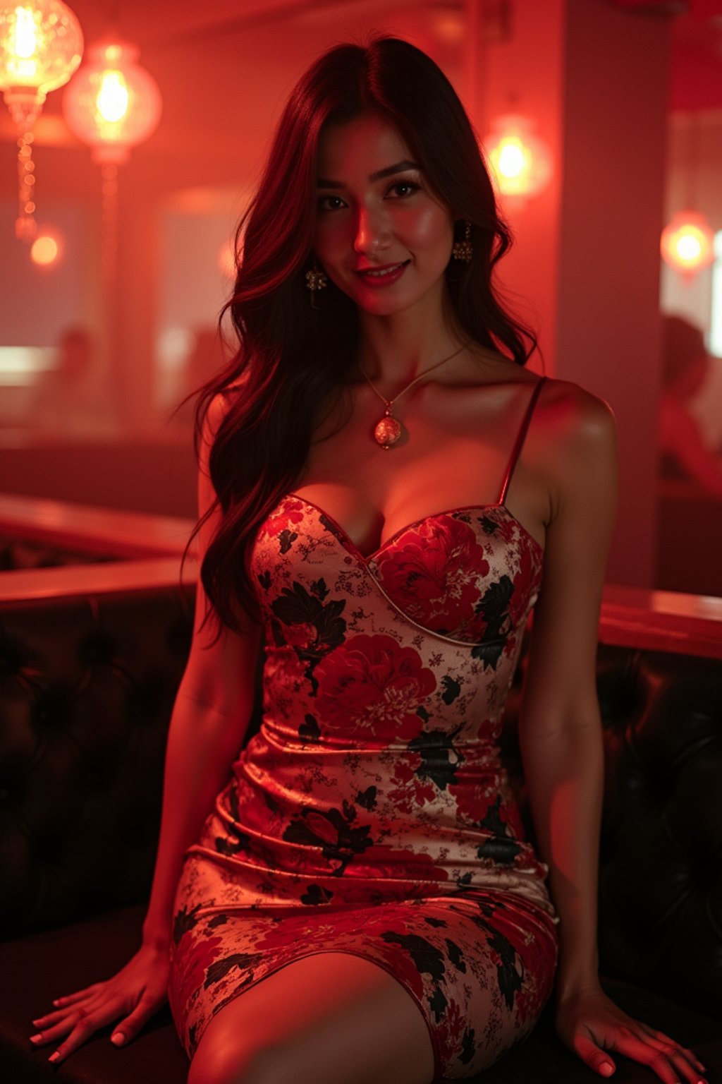 a woman wearing silk floral bodycon dress  in night club, instagram photo, instagram, hourglass figure '