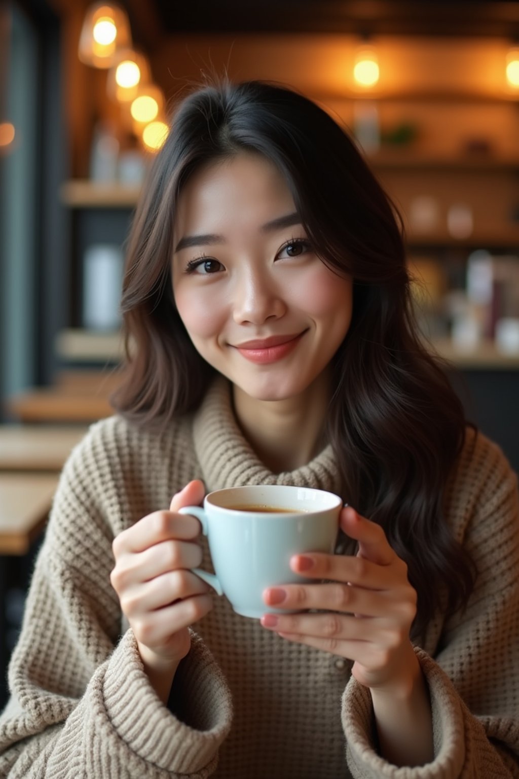 woman in a trendy café, holding a freshly brewed cup of coffee