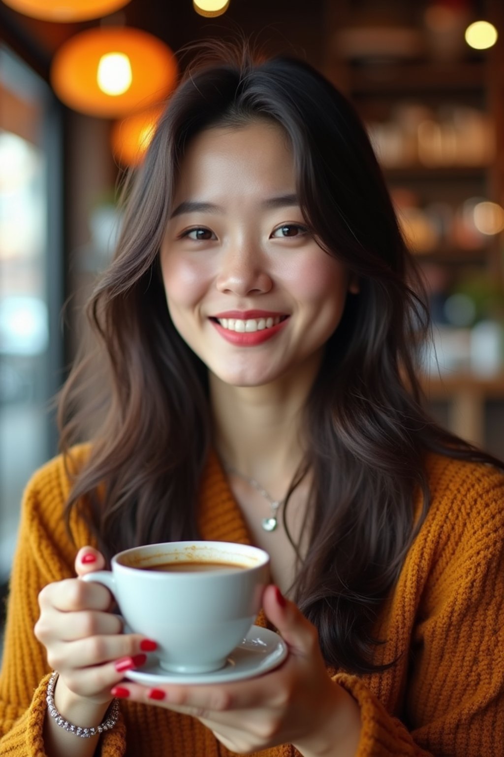 woman in a trendy café, holding a freshly brewed cup of coffee