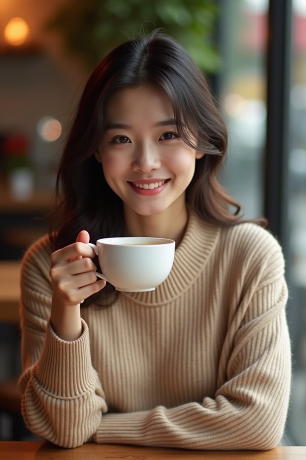 woman in a trendy café, holding a freshly brewed cup of coffee