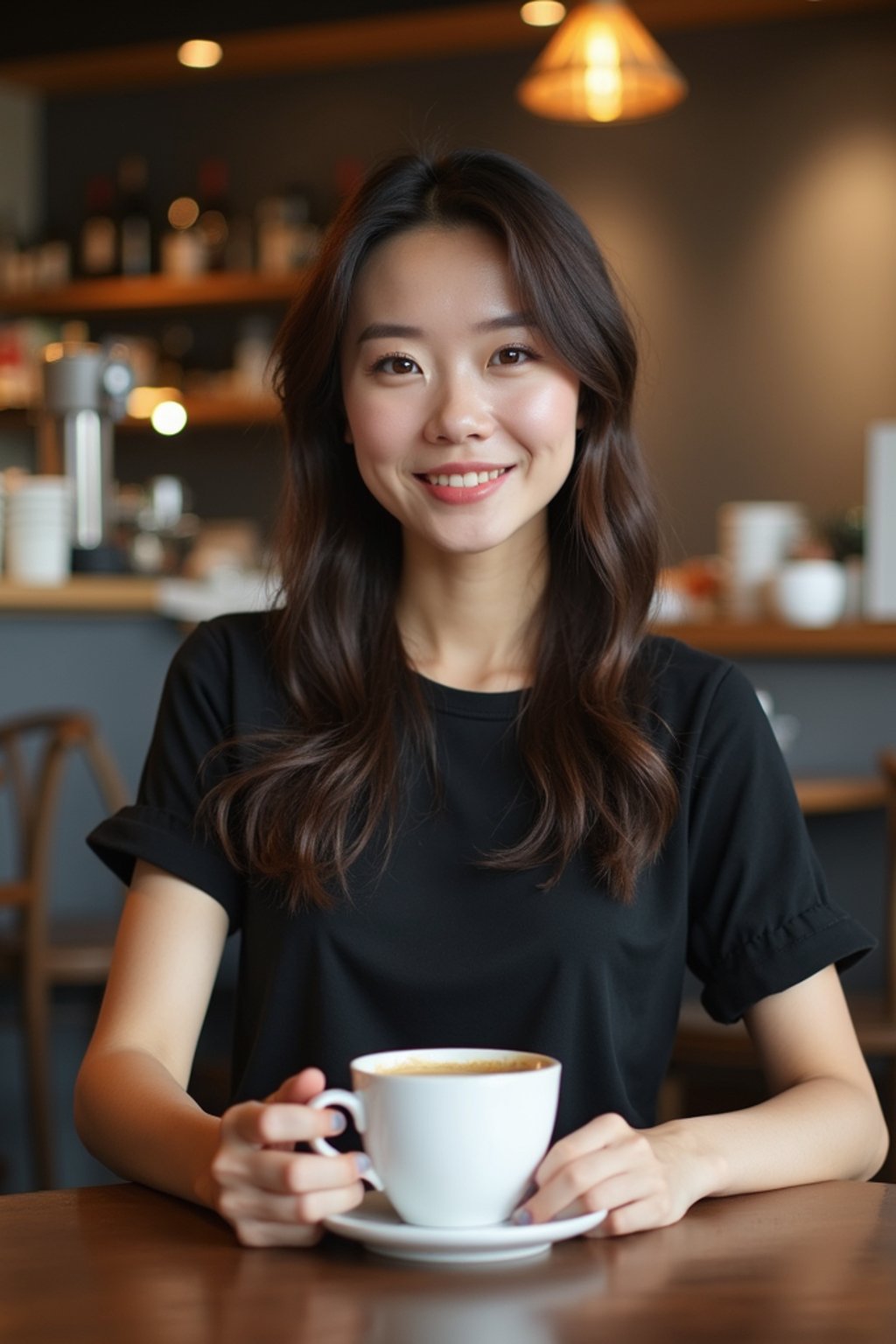 woman in a trendy café, holding a freshly brewed cup of coffee