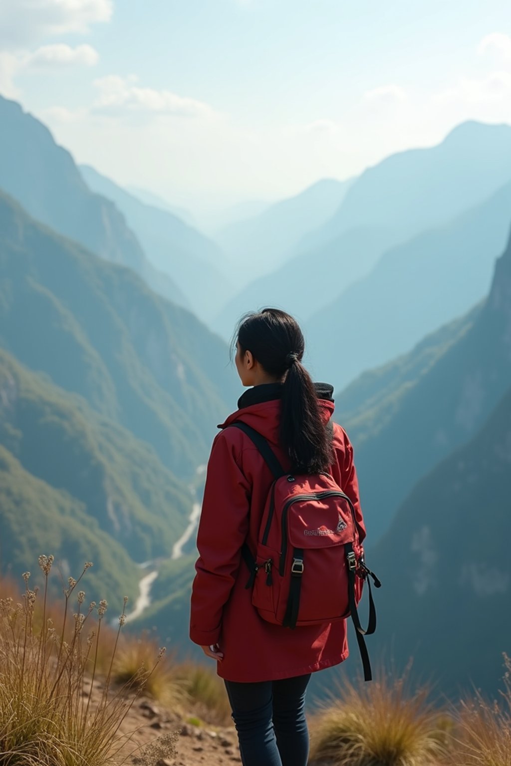 woman on a hiking trail, overlooking a breathtaking mountain landscape