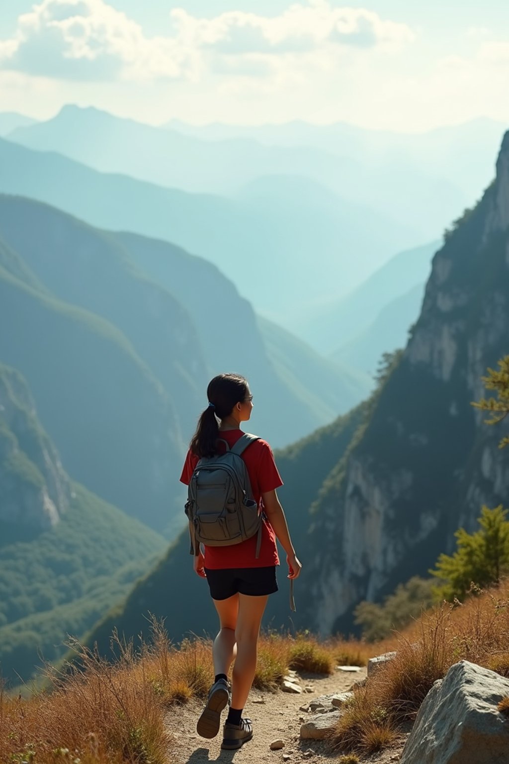 woman on a hiking trail, overlooking a breathtaking mountain landscape