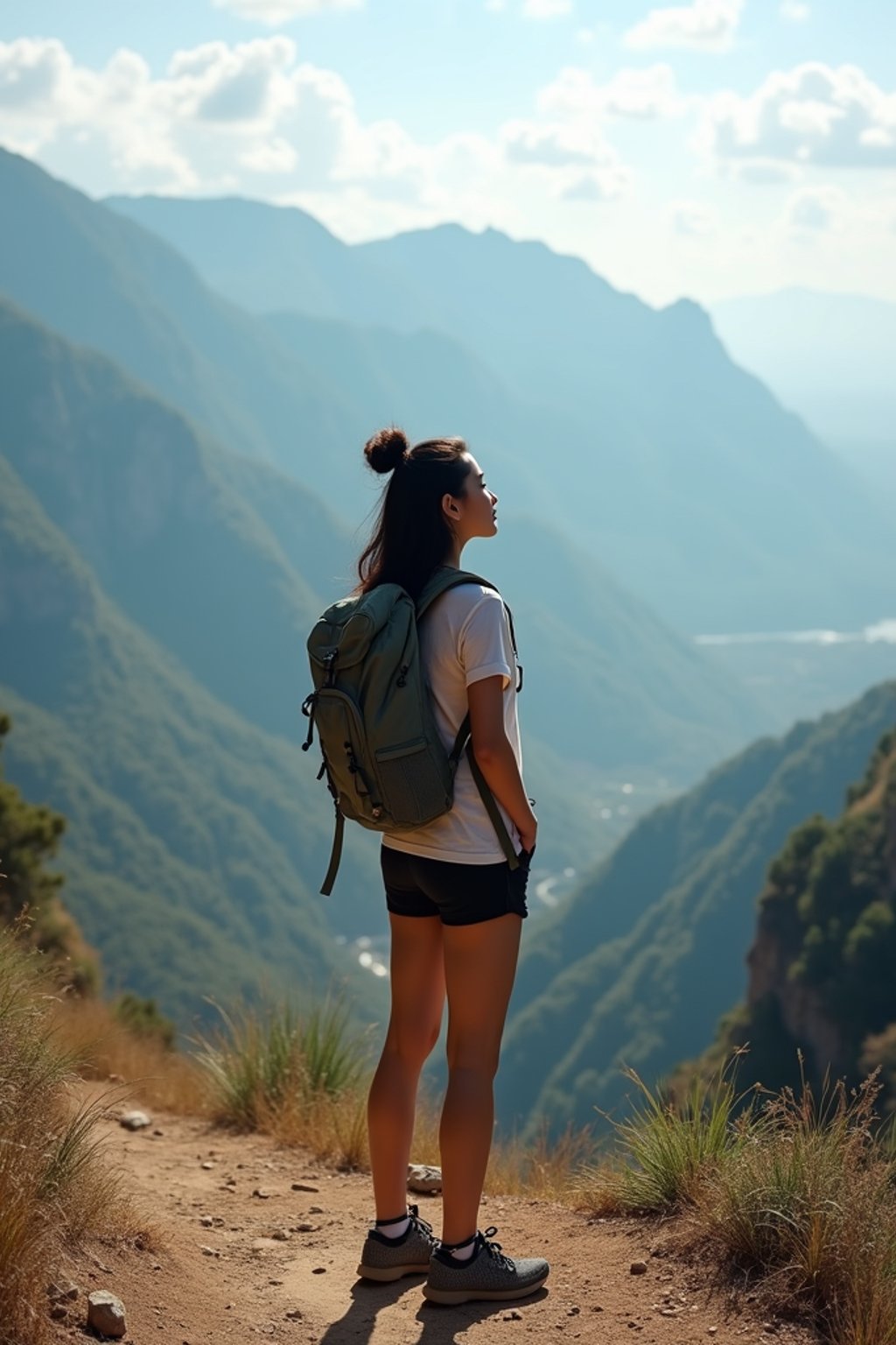 woman on a hiking trail, overlooking a breathtaking mountain landscape