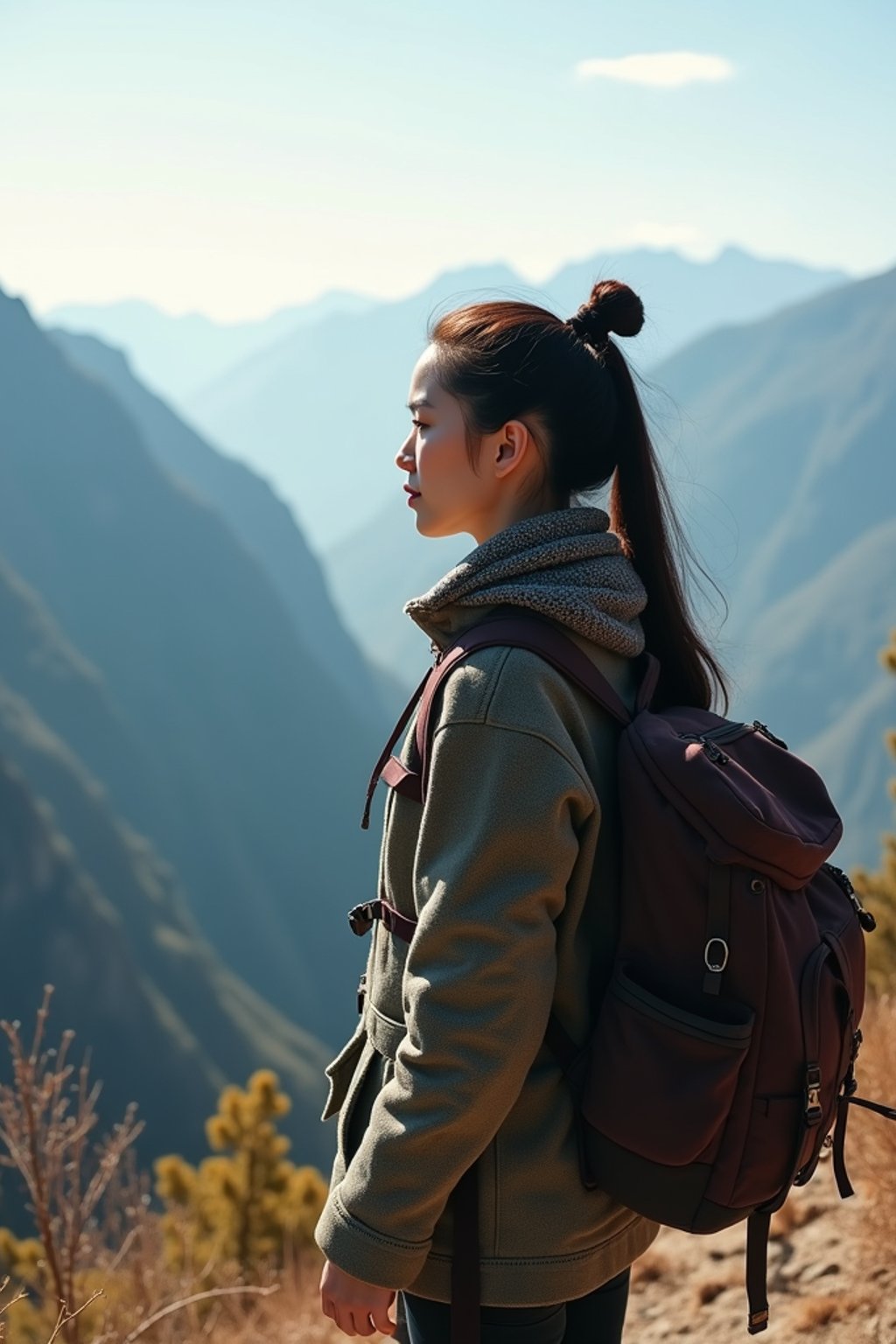 woman on a hiking trail, overlooking a breathtaking mountain landscape