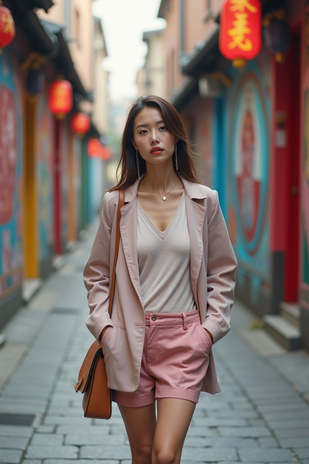 woman wearing a trendy outfit, walking down a street lined with colorful murals