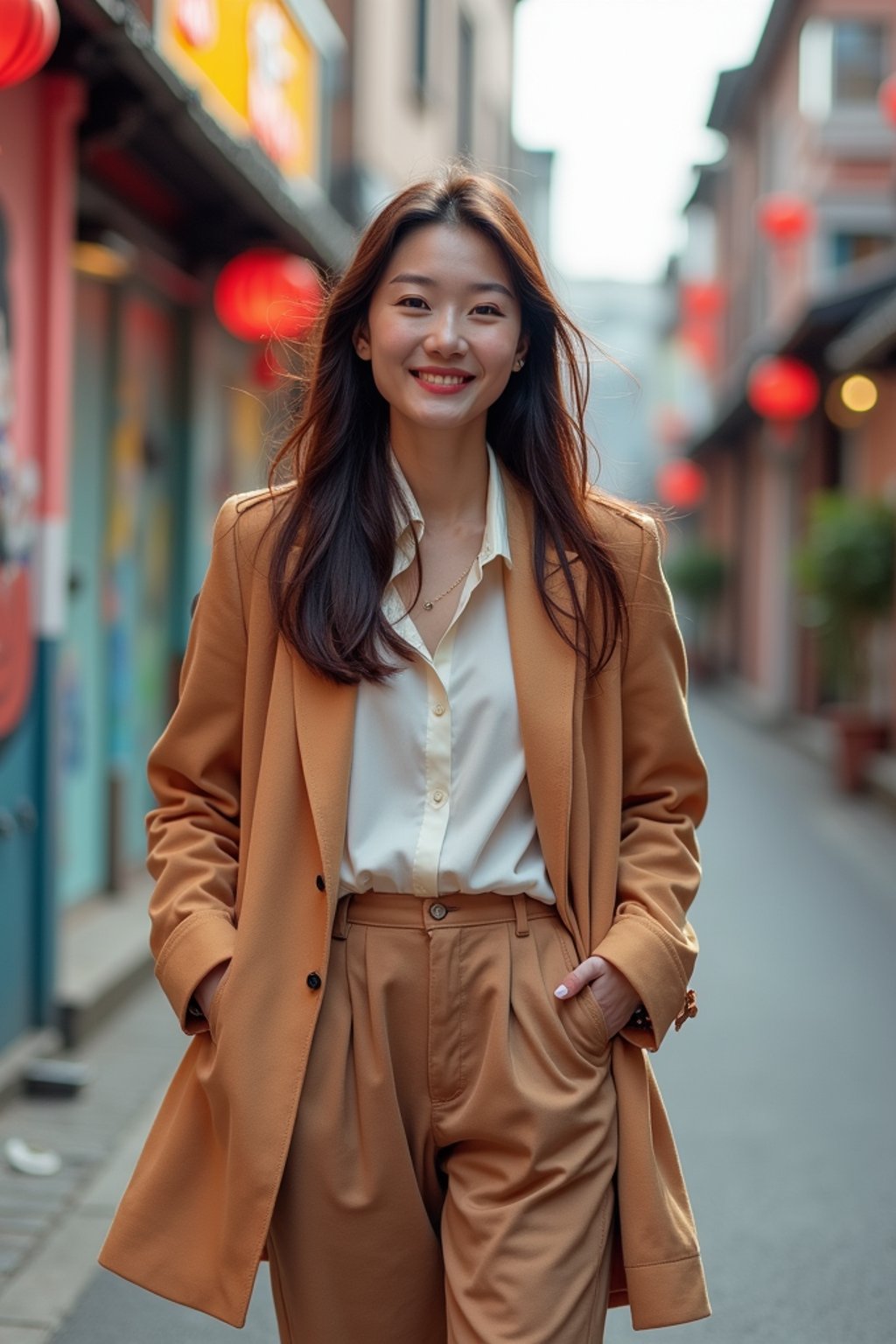 woman wearing a trendy outfit, walking down a street lined with colorful murals