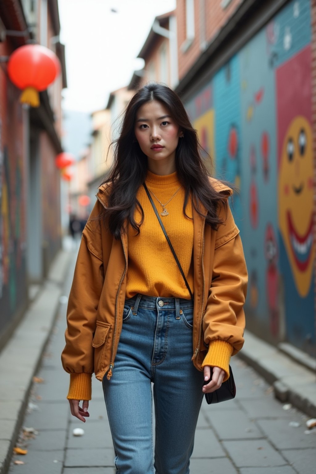 woman wearing a trendy outfit, walking down a street lined with colorful murals