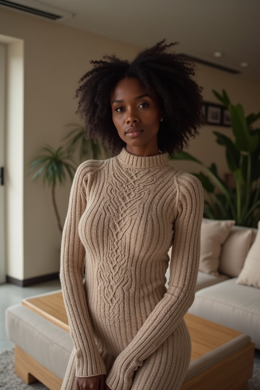 a woman wearing knitted sweater) in luxury villa living room, instagram photo, instagram, hourglass figure