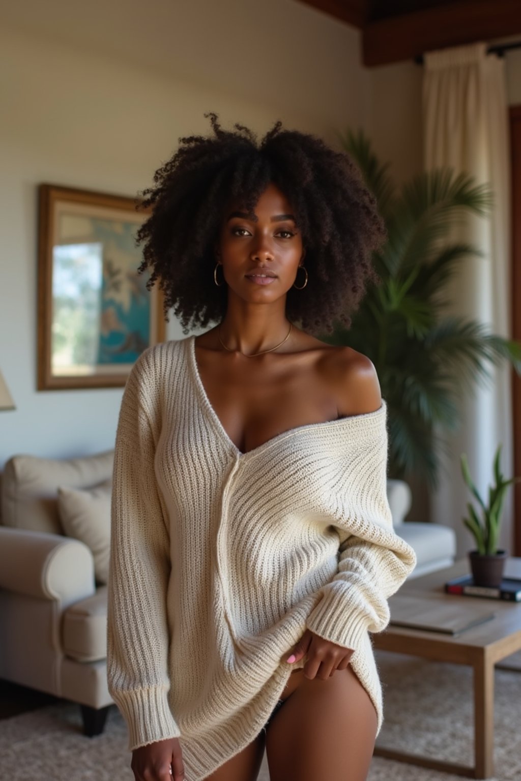 a woman wearing knitted sweater) in luxury villa living room, instagram photo, instagram, hourglass figure